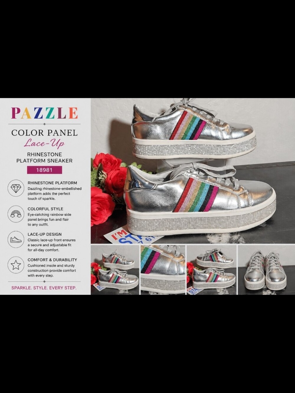 PAZZLE Color Panel Toe Lace-Up Rhinestone Flatform Sneaker 18981